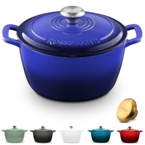 ROSSALLINI Signature Enameled Cast Iron Dutch Oven, Non-Stick Serving Pot with Tight Fitting Lid for Perfect Roasting, Baking, Sauteing, and Bread Making | 5.5Q (5.2L) - Indigo Blue