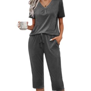 difficort Women's Pajama Sets Soft Pjs Short Sleeve Lounge sets Capri Sleepwear with Pockets,2-Dark Grey,Medium