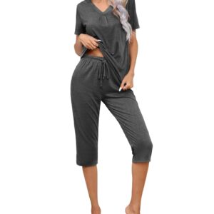 difficort Women's Pajama Sets Soft Pjs Short Sleeve Lounge sets Capri Sleepwear with Pockets,2-Dark Grey,Medium