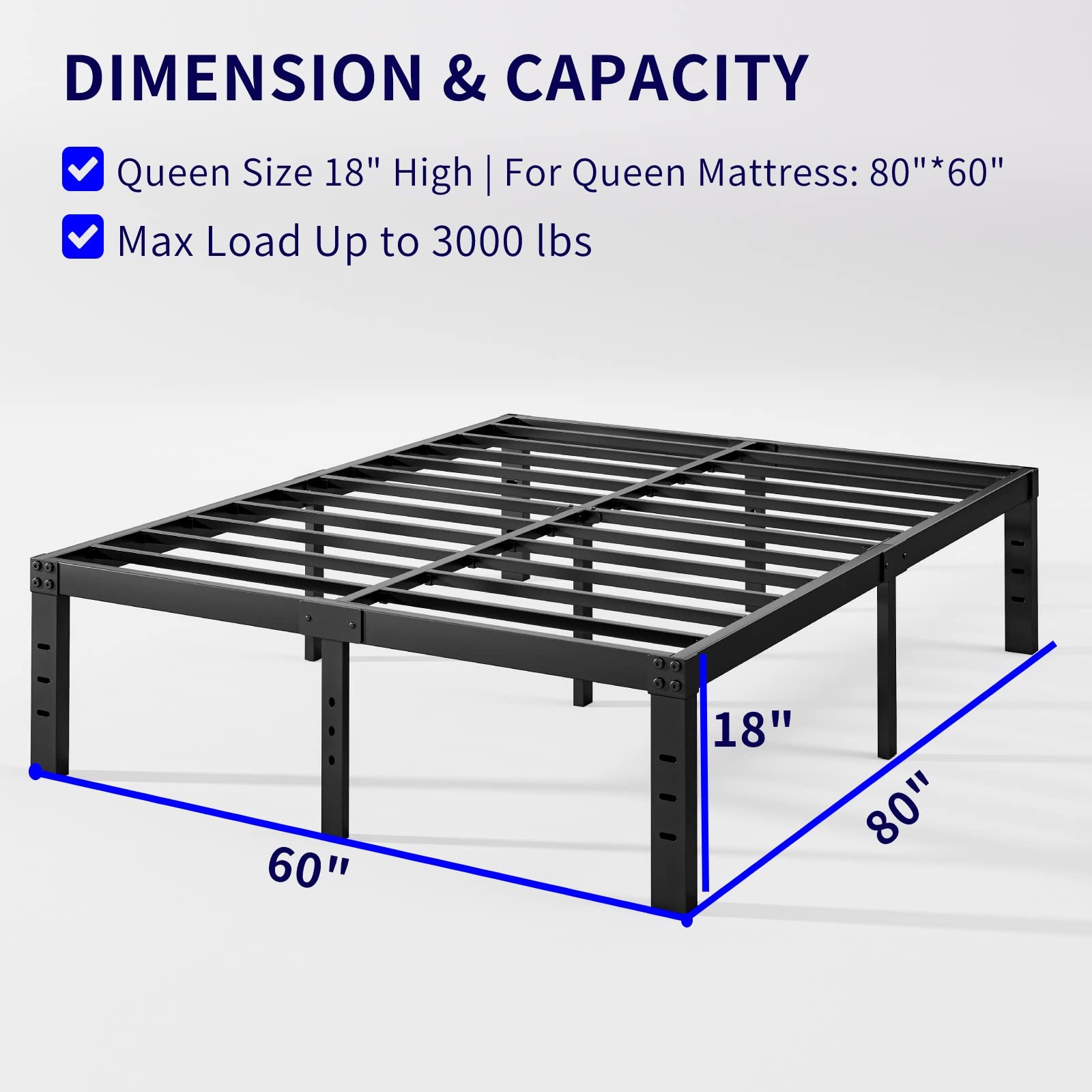 Neslime 18 Inch High Queen Bed Frame No Box Spring Needed, Heavy Duty Metal Platform Bed Frame Queen Size for Heavy People, Easy Assembly, Noise Free, Black