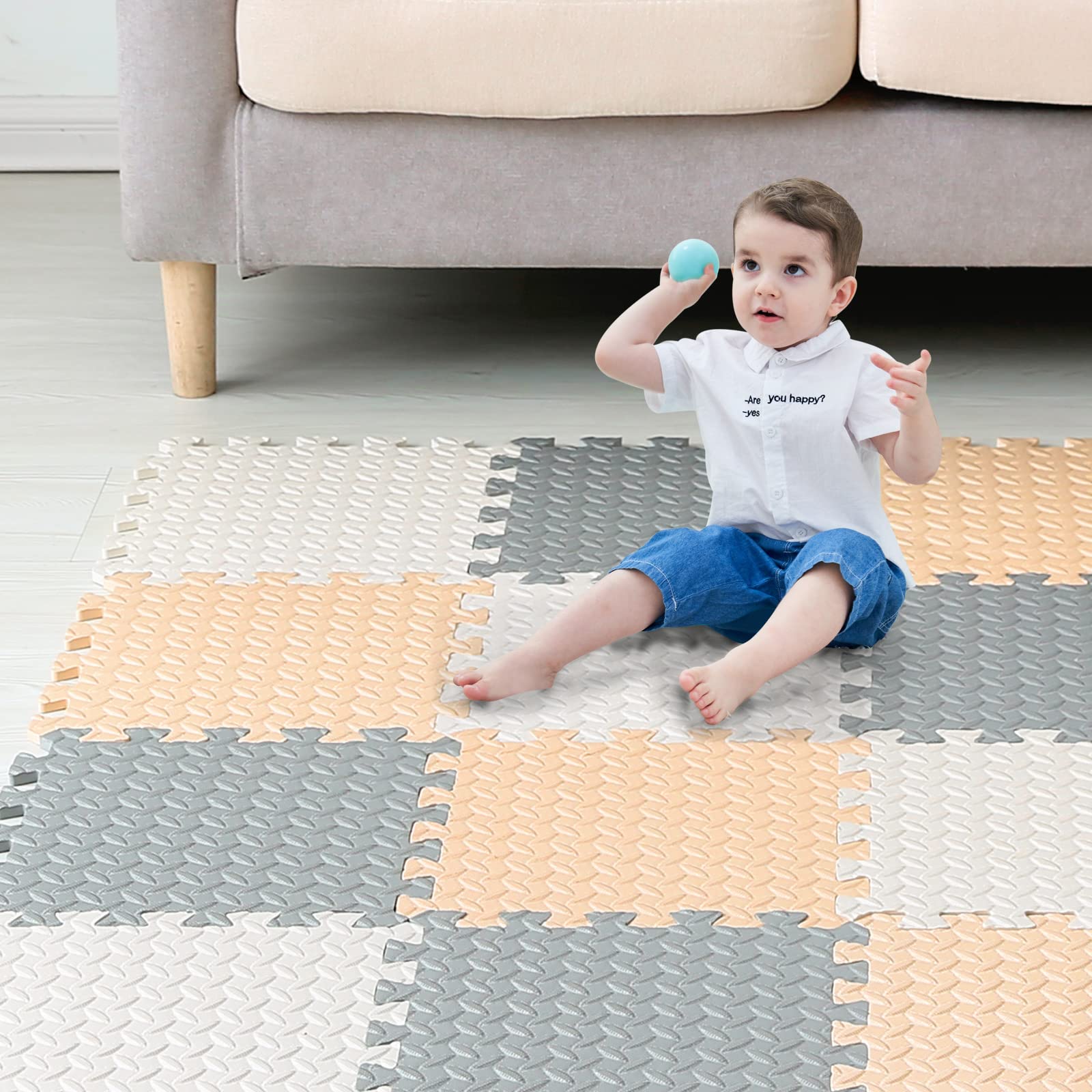 Tamiplay Foam Floor Mats for Kids, 12 x 12 Inch 16 Tiles 0.4" thickness Foam Play Mat, Non-Toxic Square Interlocking Floor Mats Rubber Baby Play Mat for Toddlers(White/Beige/Gray)