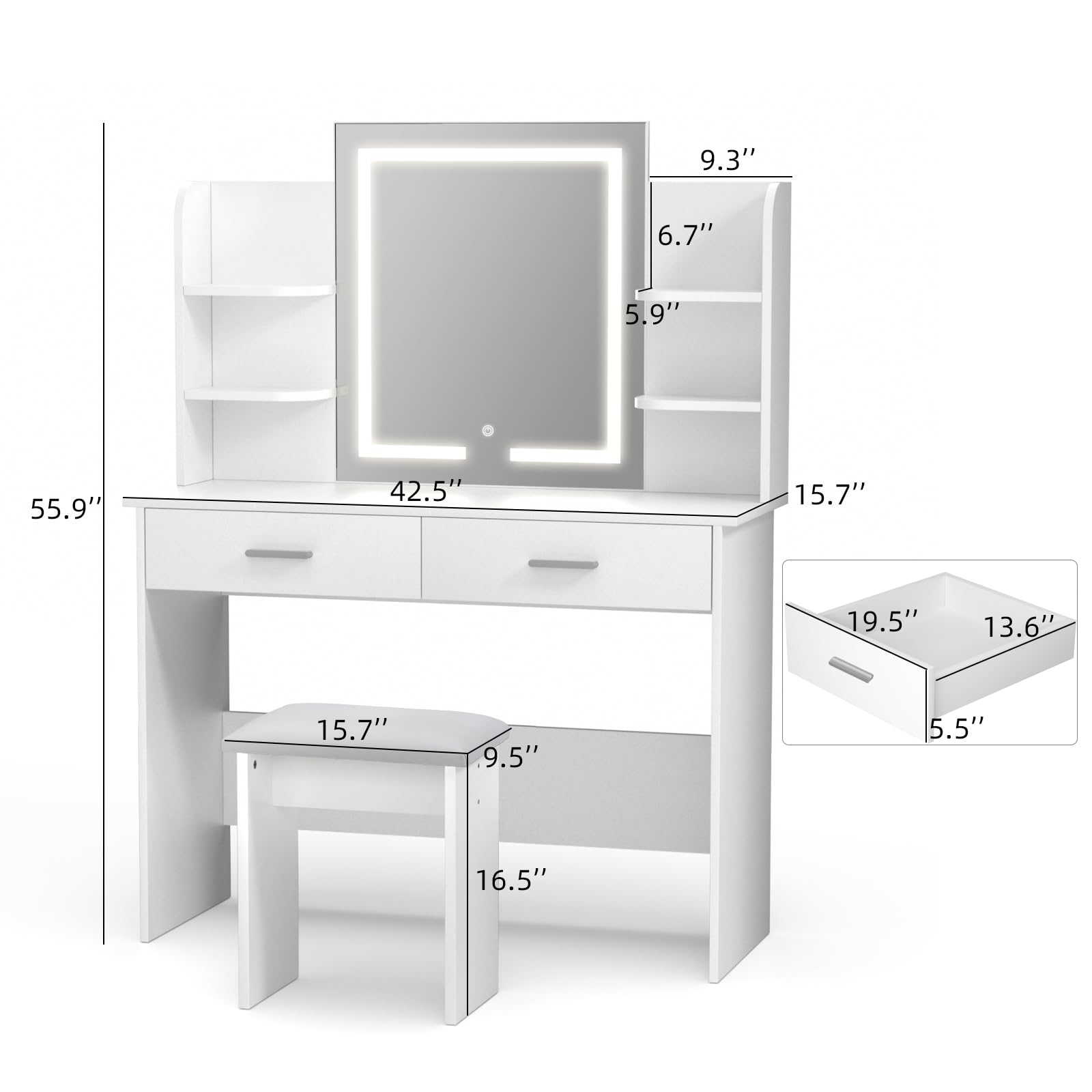 SMOOL Vanity Desk with Lighted Mirror - Makeup Vanity Table with 3 Color Light Options Adjustable Brightness, Vanity with 6 Storage Shelves, 2 Large Drawers, Vanity Set for Girls Women, White