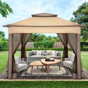 COBIZI Pop Up Gazebo Patio Gazebo 11x11 Outdoor Gazebo with Mosquito Netting Outdoor Canopy Shelter with Double Roof Ventiation 121 Square Feet of Shade for Lawn, Garden, Backyard and Deck, Brown