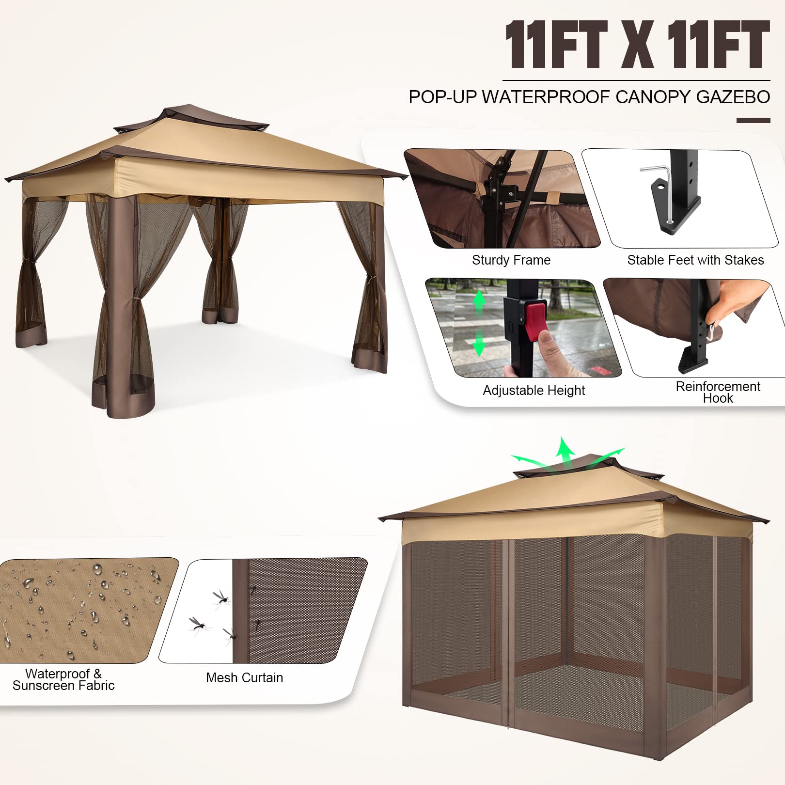 COBIZI Pop Up Gazebo Patio Gazebo 11x11 Outdoor Gazebo with Mosquito Netting Outdoor Canopy Shelter with Double Roof Ventiation 121 Square Feet of Shade for Lawn, Garden, Backyard and Deck, Brown