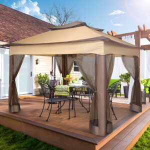 COBIZI Pop Up Gazebo Patio Gazebo 11x11 Outdoor Gazebo with Mosquito Netting Outdoor Canopy Shelter with Double Roof Ventiation 121 Square Feet of Shade for Lawn, Garden, Backyard and Deck, Brown