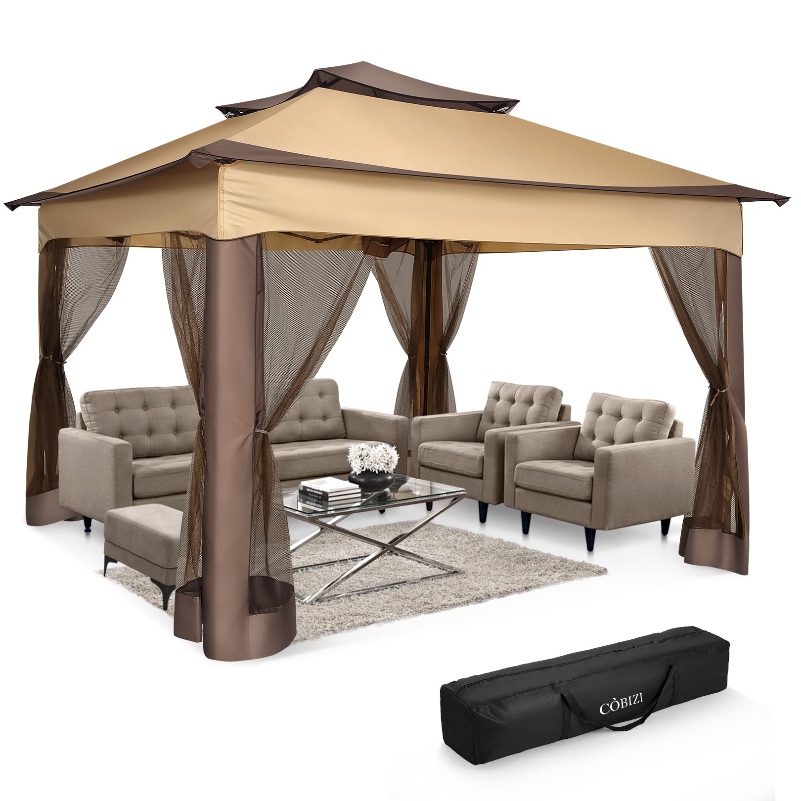 COBIZI Pop Up Gazebo Patio Gazebo 11x11 Outdoor Gazebo with Mosquito Netting Outdoor Canopy Shelter with Double Roof Ventiation 121 Square Feet of Shade for Lawn, Garden, Backyard and Deck, Brown