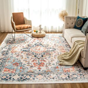 vk vk·living machine washable rug 5'x7' vintage design washable area rugs with non slip rugs for living room bedroom traditional woven rug carpet stain resistant,home decor office boho rug,blue&orange