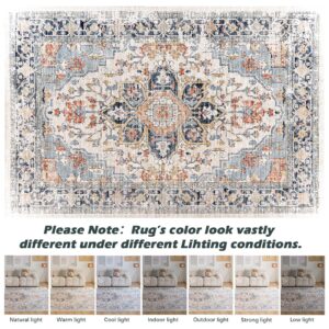 VK VK·LIVING Machine Washable Rug 5'x7' Vintage Design Washable Area Rugs with Non Slip Rugs for Living Room Bedroom Traditional Woven Rug Carpet Stain Resistant,Home Decor Office Boho Rug,Blue&Orange