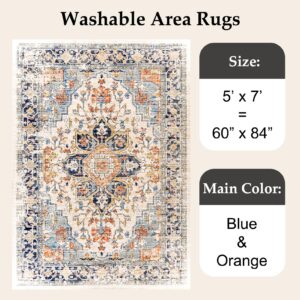 VK VK·LIVING Machine Washable Rug 5'x7' Vintage Design Washable Area Rugs with Non Slip Rugs for Living Room Bedroom Traditional Woven Rug Carpet Stain Resistant,Home Decor Office Boho Rug,Blue&Orange