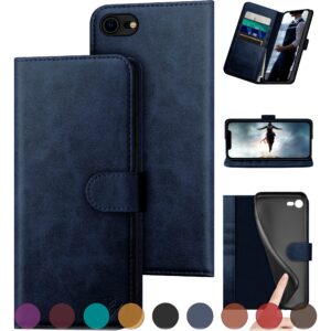 DuckSky for iPhone 7/8/SE 2020/SE 2022 Genuine Leather Wallet case【RFID Blocking】【4 Credit Card Holder】【Real Leather】Flip Folio Book Phone case Protective Cover Women Men for apple 7/8 case Dark Blue