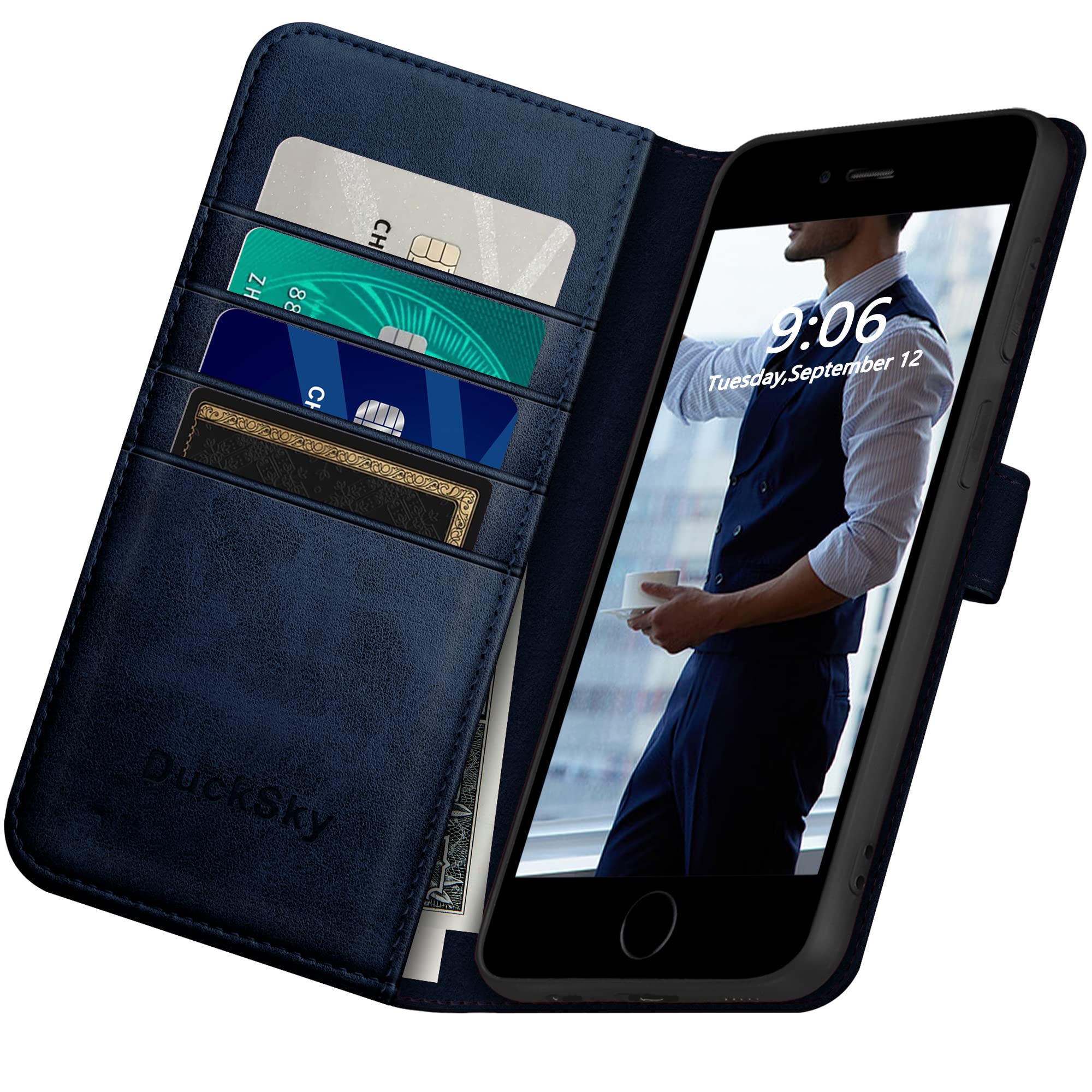 DuckSky for iPhone 7/8/SE 2020/SE 2022 Genuine Leather Wallet case【RFID Blocking】【4 Credit Card Holder】【Real Leather】Flip Folio Book Phone case Protective Cover Women Men for apple 7/8 case Dark Blue