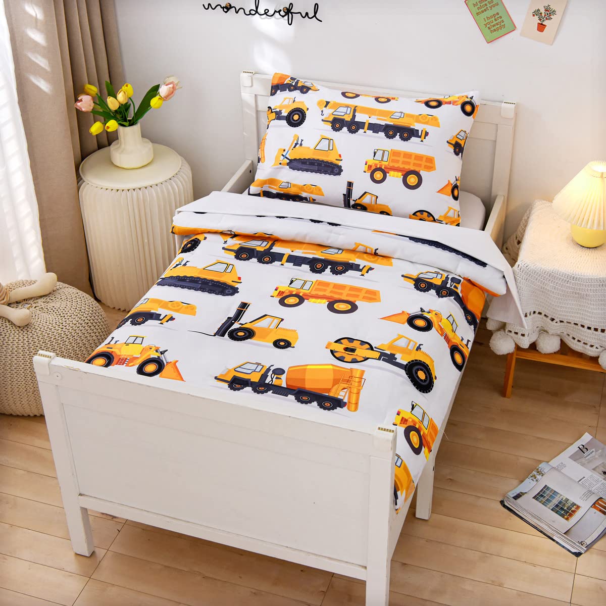 NTBED 4 Pieces Construction Toddler Bedding Set for Baby Boys, Truck Vehicles Excavator Cars Printed, includes Comforter, Flat Sheet, Fitted Sheet and Pillowcase,White