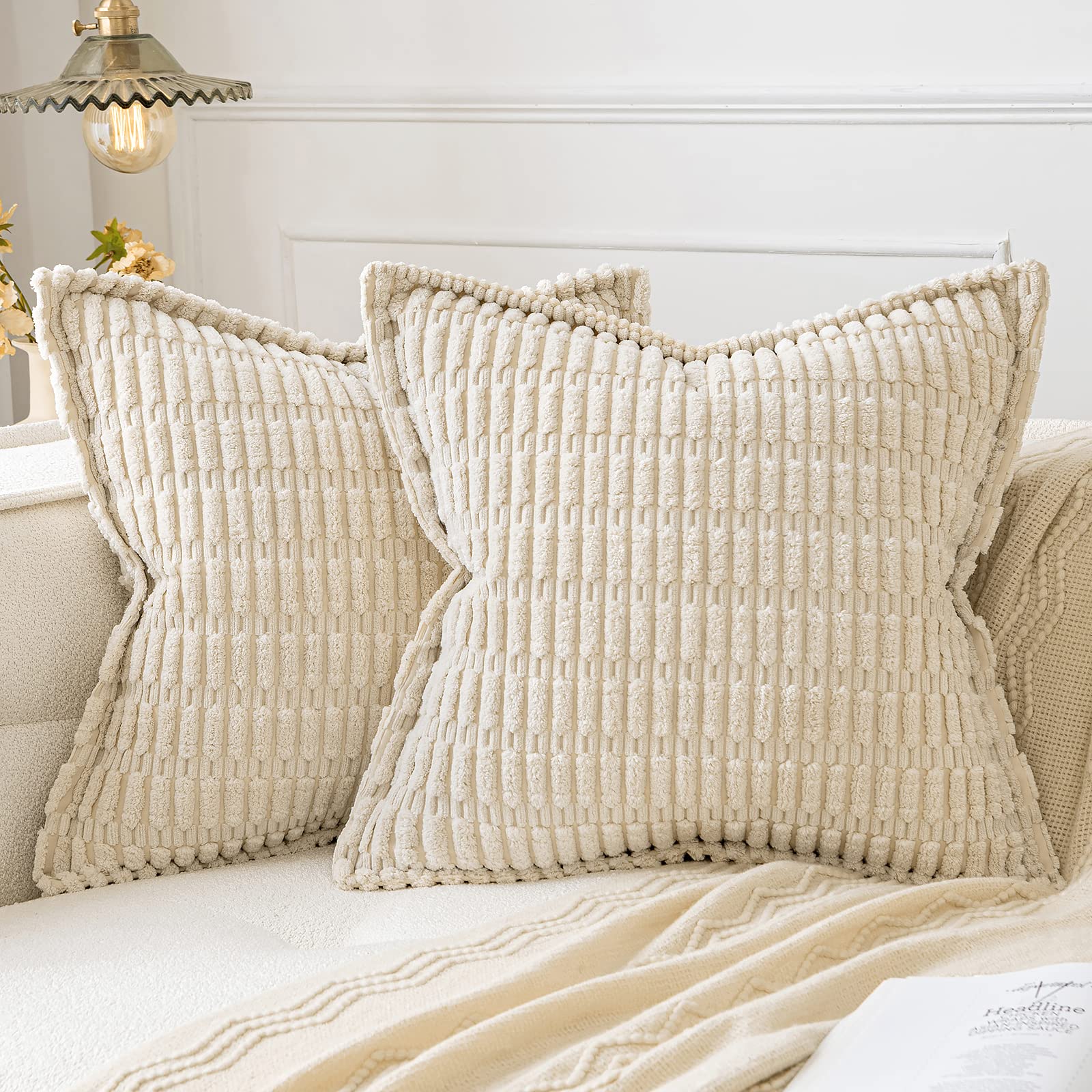 MIULEE Cream White Corduroy Decorative Throw Pillow Covers Pack of 2 Soft Striped Pillows Pillowcases with Broad Edge Modern Christmas Boho Home Decor for Couch Sofa Bed 18x18 Inch