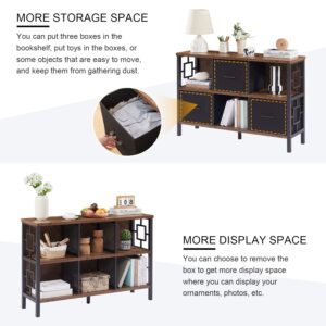 HOMISSUE 6 Cube Storage Organizer, Industrial Cube Storage Shelf with 3 Foldable Cube Storage Bin, Long Horizontal Bookshelf with Metal Frame, Low Bookshelf for Living Room and Office, Rustic Brown