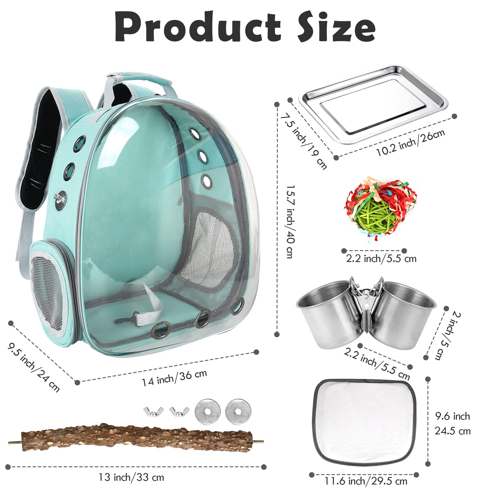 Bird Carrier Backpack Travel Cage with Perch, Breathable Clear Parrot Cockatiel Cage with Toy Stainless Steel Food Bowl Tray for Conures Parakeet Budgie Canary Lovebirds, Small Animal Pet Carrier Bag