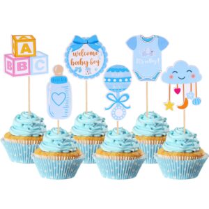 36 PCS Oh Baby Cupcake Toppers Double Sided Pacifier Cloud Moon Star Welcome Baby Boy Cupcake Picks Baby Shower It's a Boy Cake Decorations for Baby Shower Kids Boys Birthday Party Supplies Blue