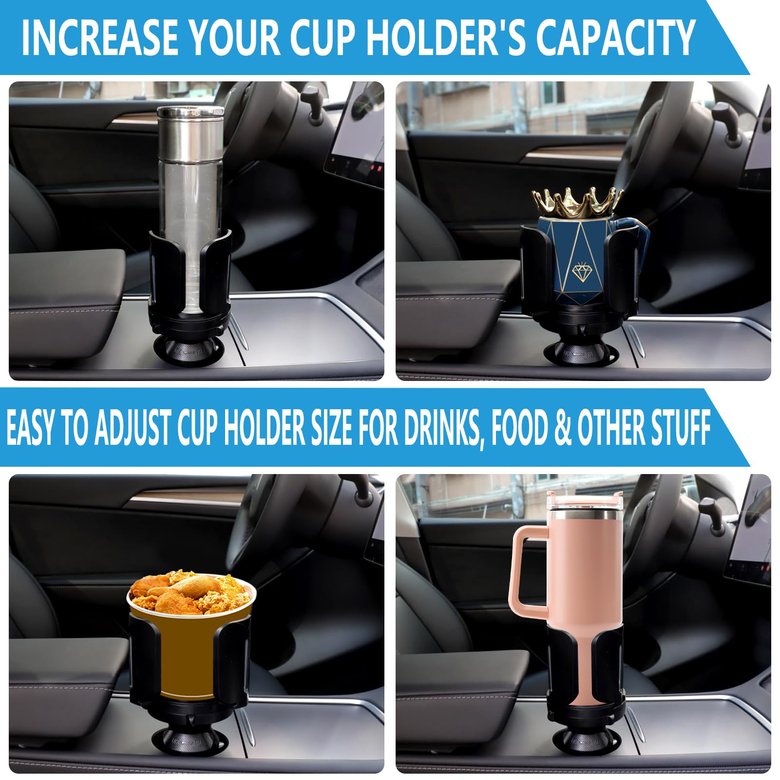 Cup Holder Expander for Car with Adjustable Holder & Base, Compatible with 10-64oz Yeti Ramblers, Stanley, Hydro Flask, Nalgene, Hold 2.9"-5.5" Large Bottles Mugs Food Drink, Car Cup Holder