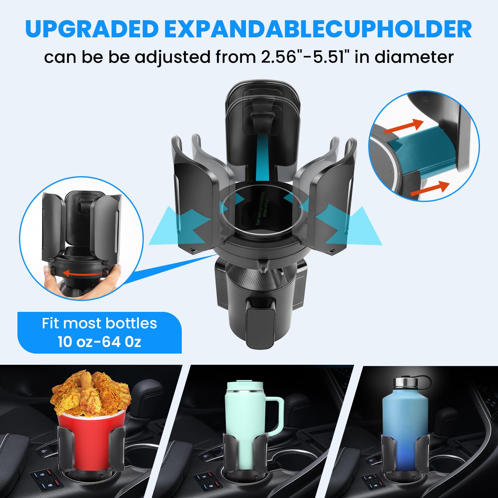 Cup Holder Expander for Car with Adjustable Holder & Base, Compatible with 10-64oz Yeti Ramblers, Stanley, Hydro Flask, Nalgene, Hold 2.9"-5.5" Large Bottles Mugs Food Drink, Car Cup Holder