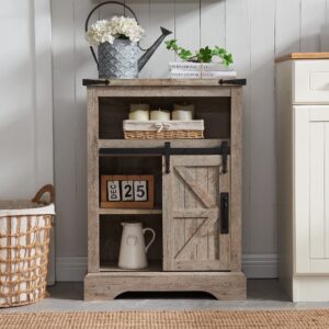 OKD Bathroom Floor Cabinet, Farmhouse Storage Cabinet with Sliding Barn Door & Storage Drawers, Small Storage Cabinet for Bathroom, Kitchen, Living Room, Light Rustic Oak