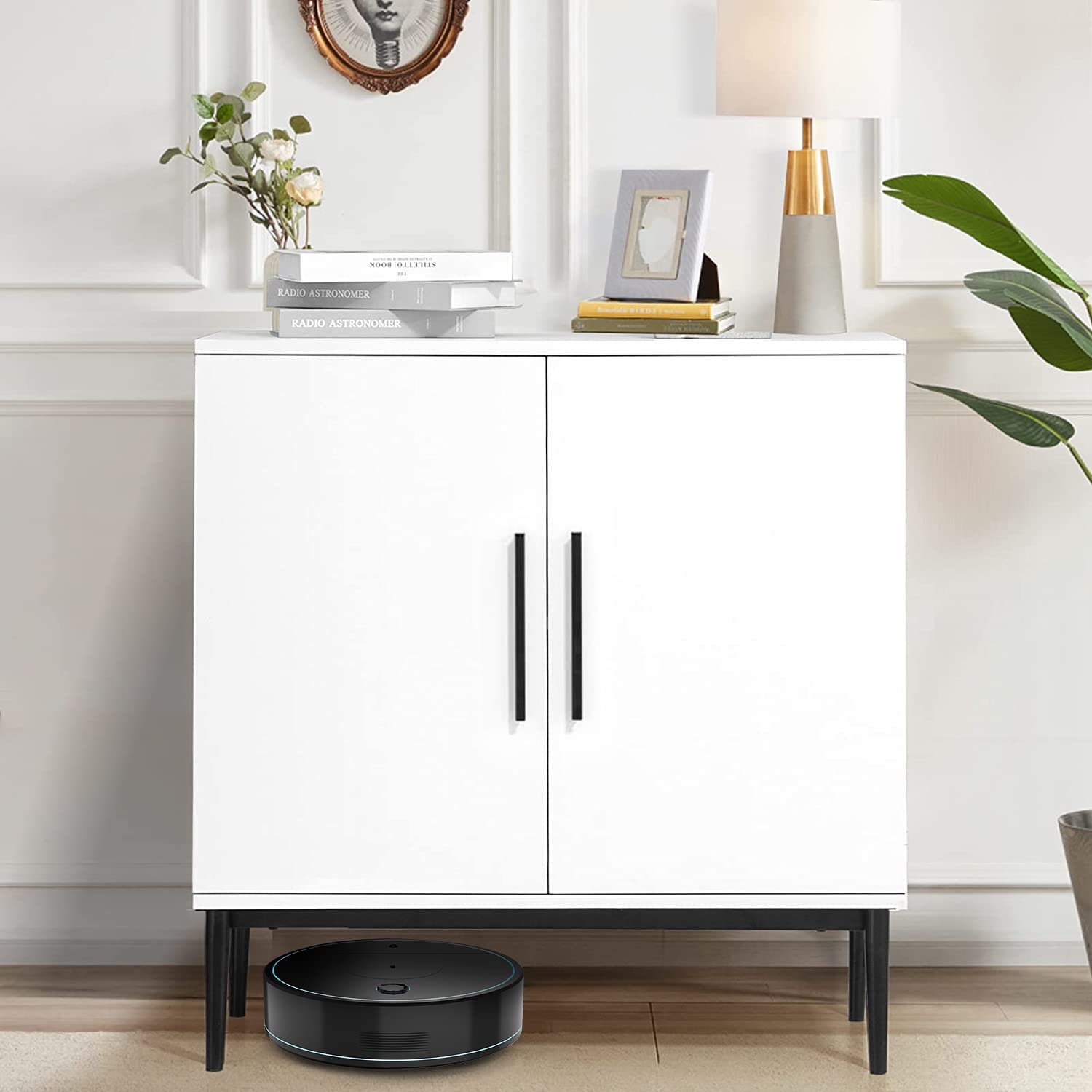 KFO Storage Cabinet with Doors, White Accent Cabinet, Modern Free Standing Cabinet, Sideboard with Metal Base for Bedroom, Living Room, Kitchen and Office