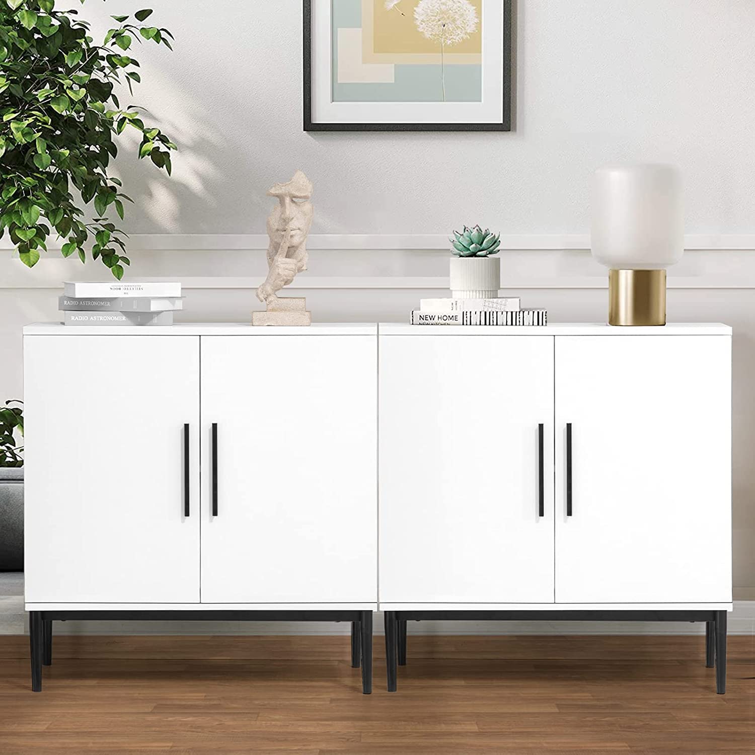 KFO Storage Cabinet with Doors, White Accent Cabinet, Modern Free Standing Cabinet, Sideboard with Metal Base for Bedroom, Living Room, Kitchen and Office