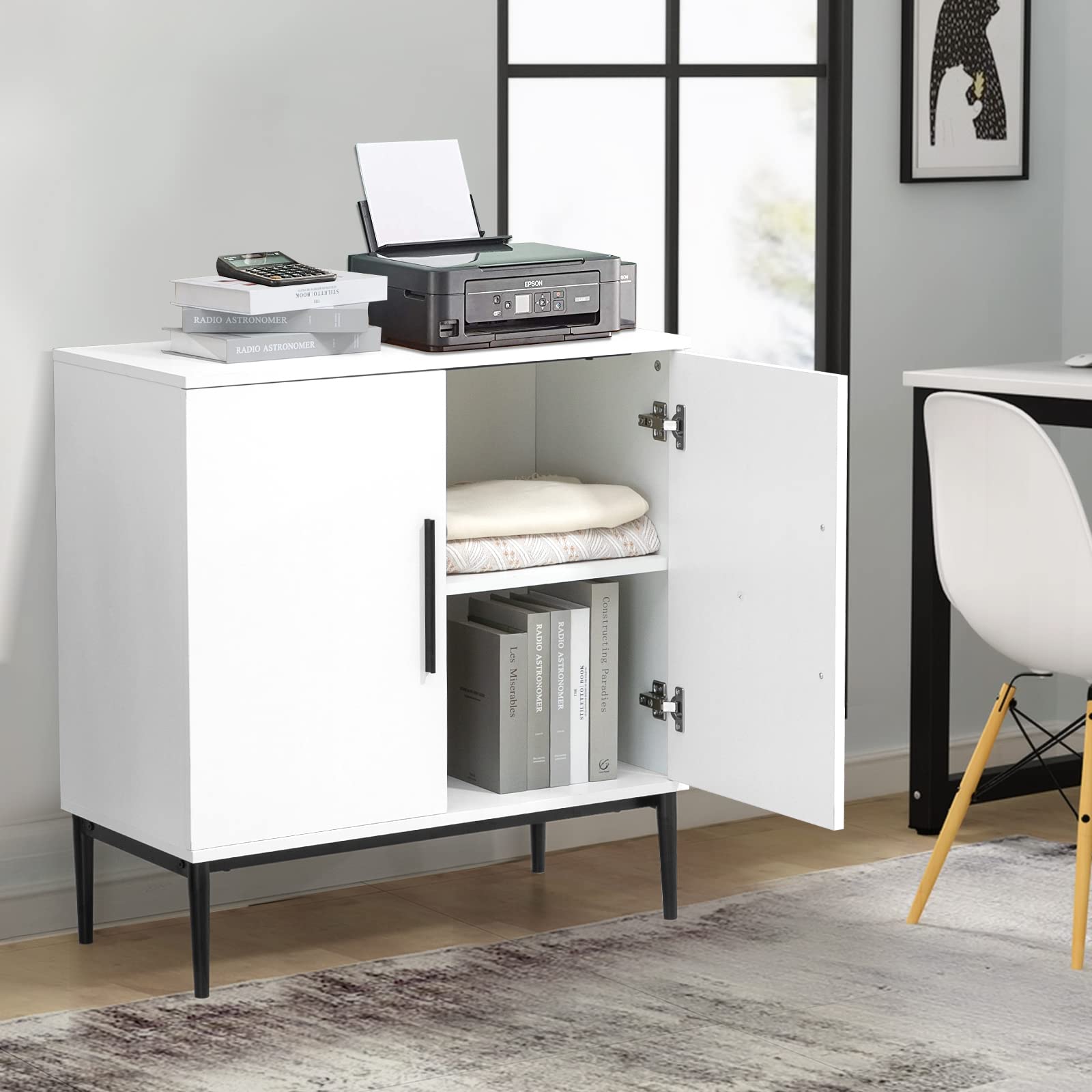 KFO Storage Cabinet with Doors, White Accent Cabinet, Modern Free Standing Cabinet, Sideboard with Metal Base for Bedroom, Living Room, Kitchen and Office