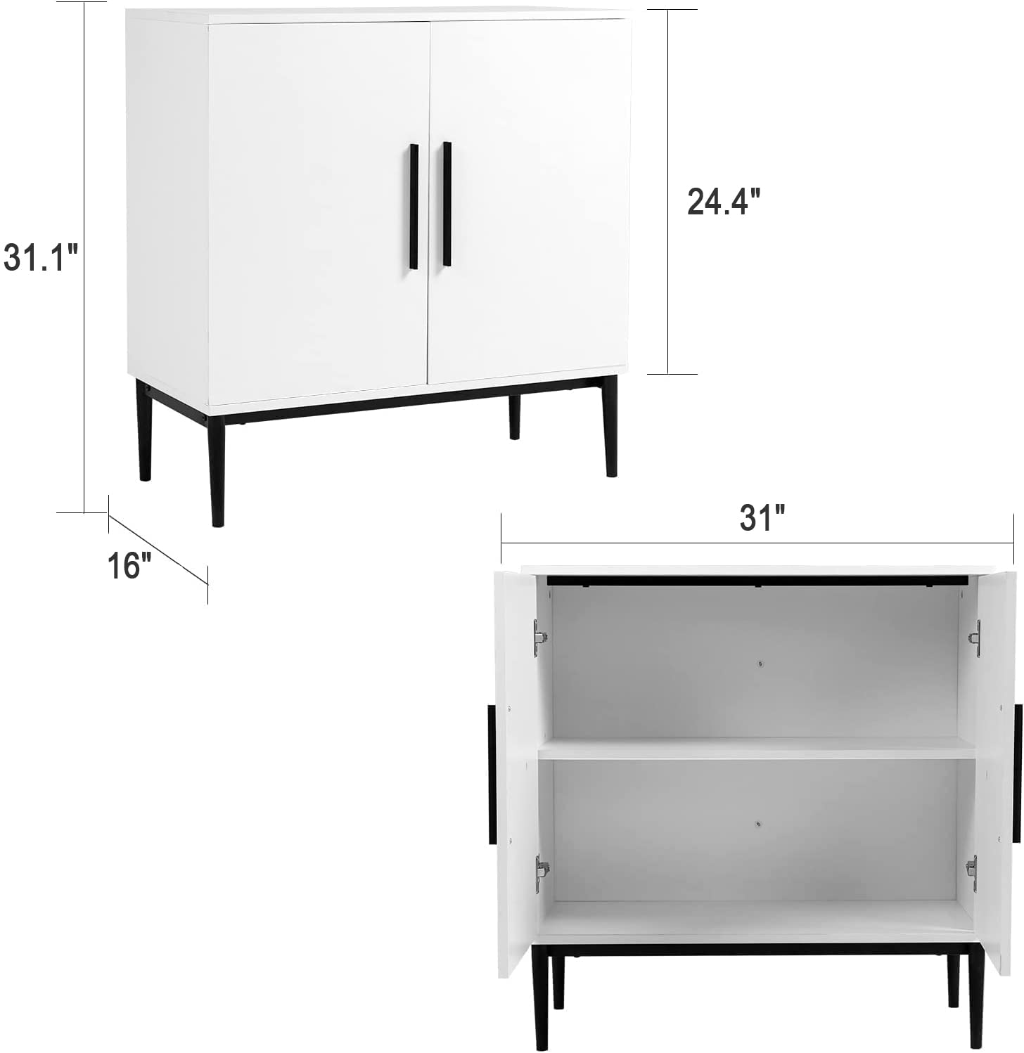 KFO Storage Cabinet with Doors, White Accent Cabinet, Modern Free Standing Cabinet, Sideboard with Metal Base for Bedroom, Living Room, Kitchen and Office