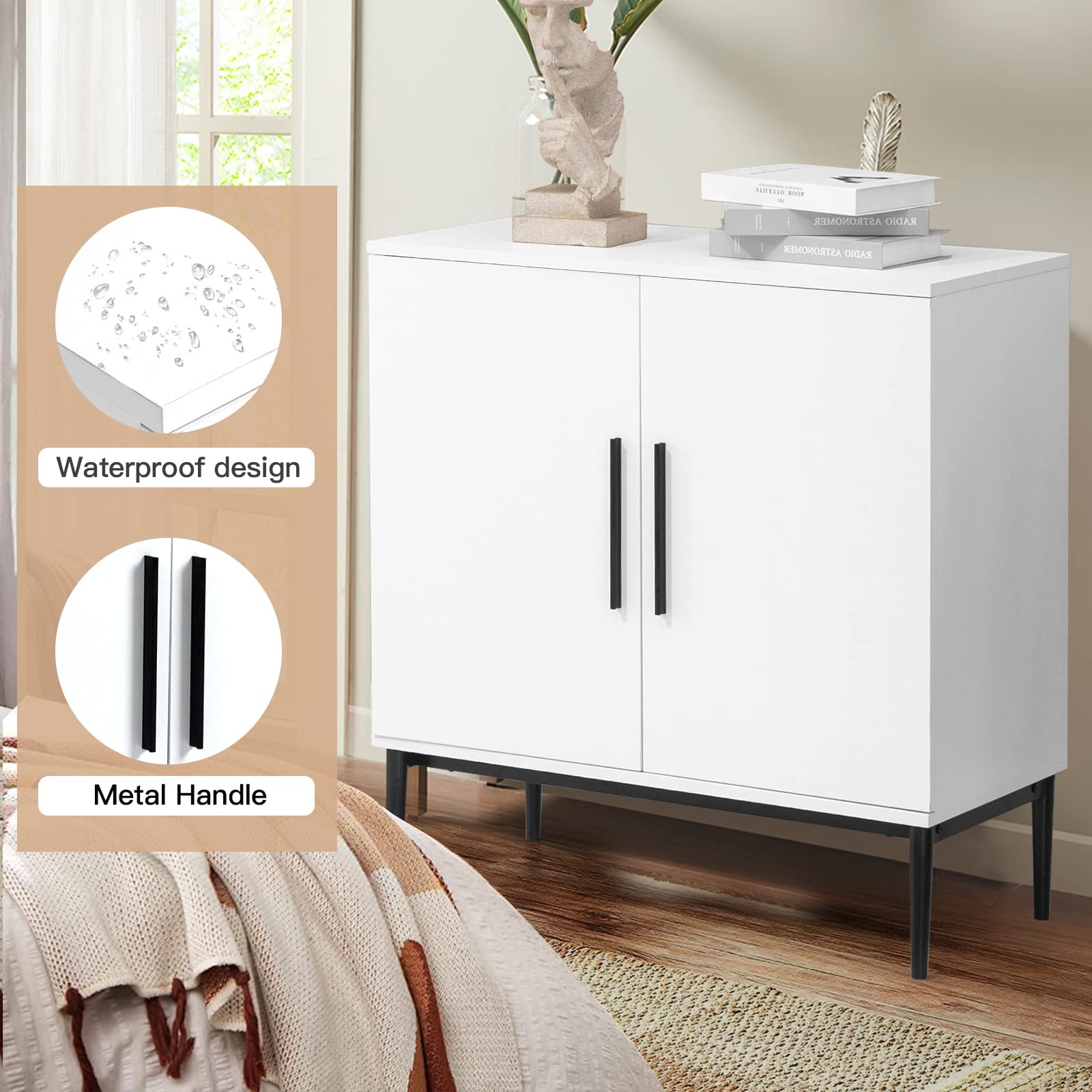 KFO Storage Cabinet with Doors, White Accent Cabinet, Modern Free Standing Cabinet, Sideboard with Metal Base for Bedroom, Living Room, Kitchen and Office