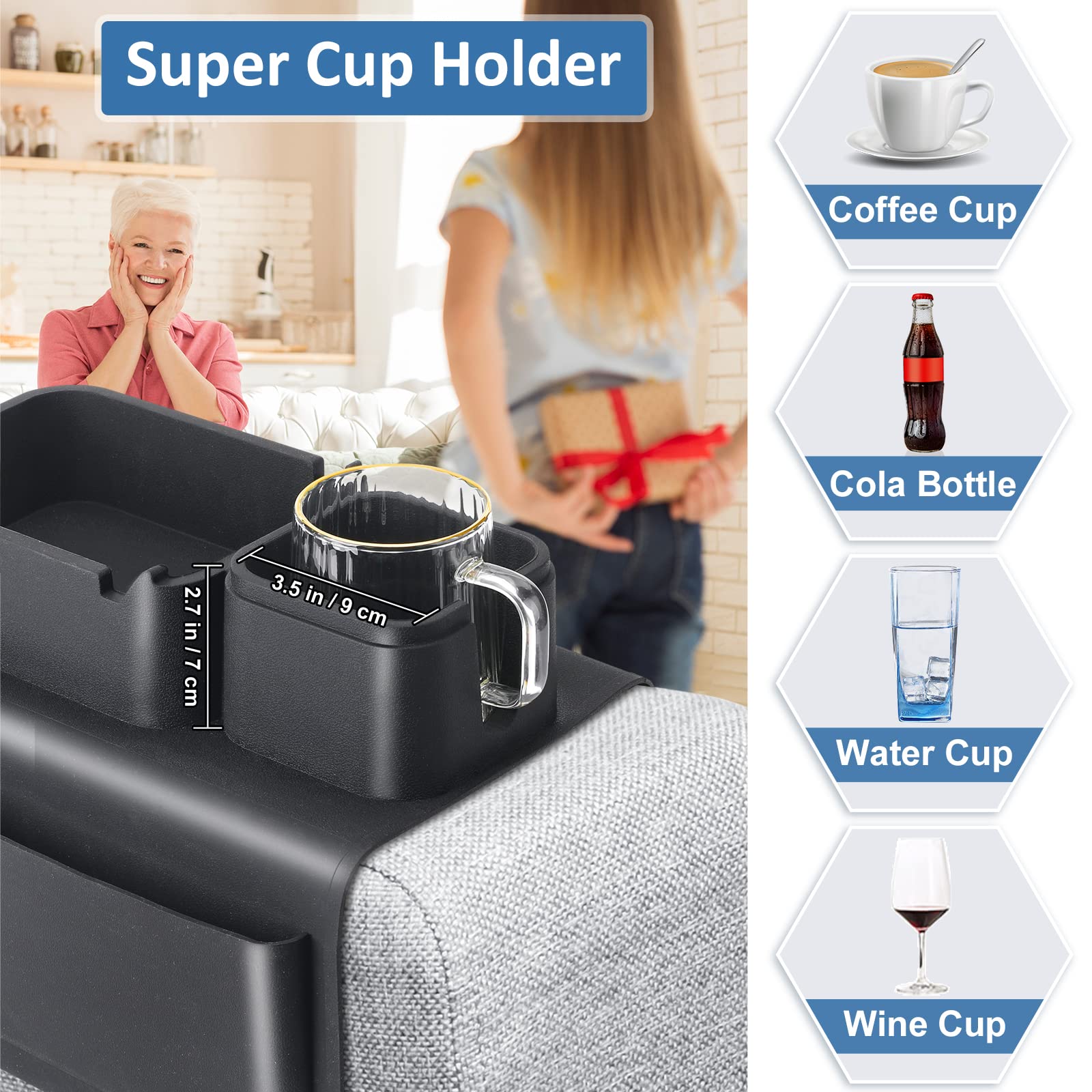 Couch Cup Holder, Easyjoy Silicone Sofa Armrest Tray with Side Pockets, Super Large Anti-Spill and Anti-Slip Big Couch Caddy with Cup Holder, Drink Holder for Couch Arm Tray, Fathers Day Dad Gifts