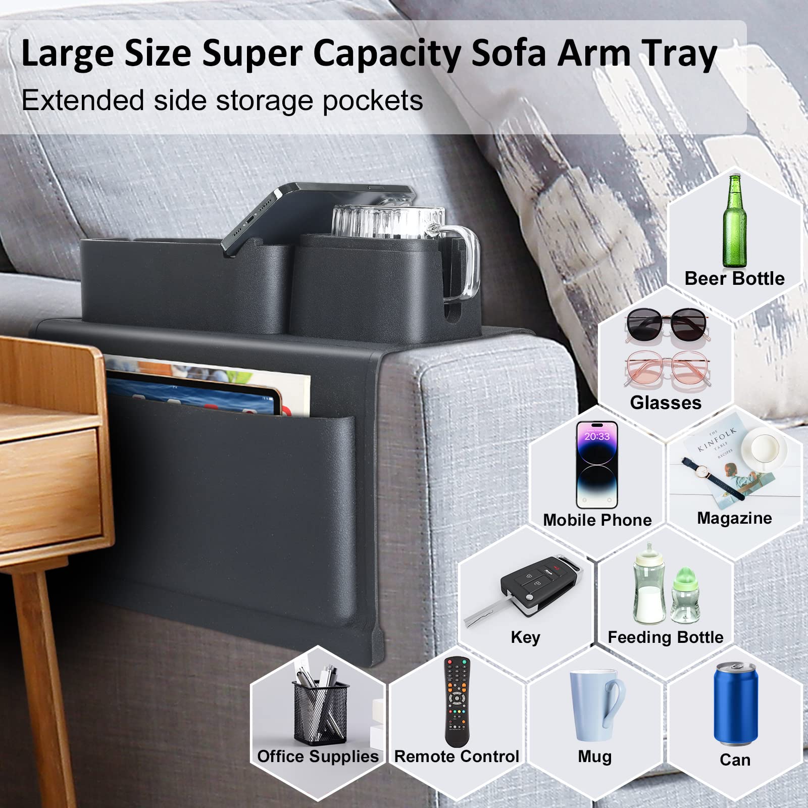 Couch Cup Holder, Easyjoy Silicone Sofa Armrest Tray with Side Pockets, Super Large Anti-Spill and Anti-Slip Big Couch Caddy with Cup Holder, Drink Holder for Couch Arm Tray, Fathers Day Dad Gifts