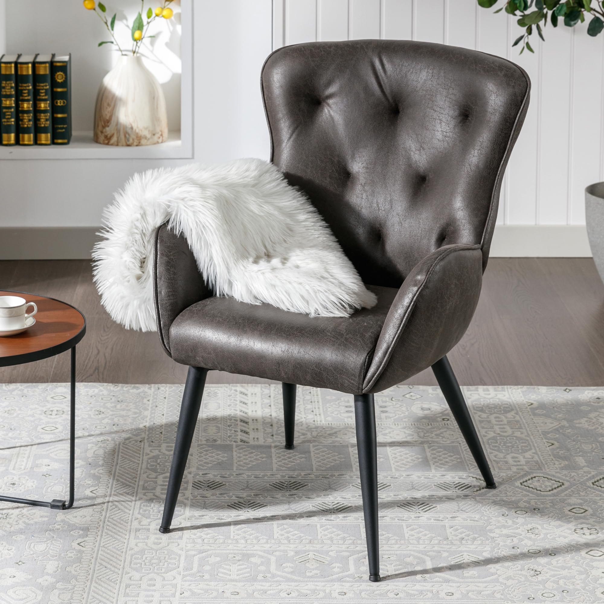 BFZ Faux Leather Accent Chair with High Back Design, Armchair with Metal Legs in Modern Style, Comfy Upholstered Wingback Chair for Living Room, Bedroom, and Office(Black Grey)