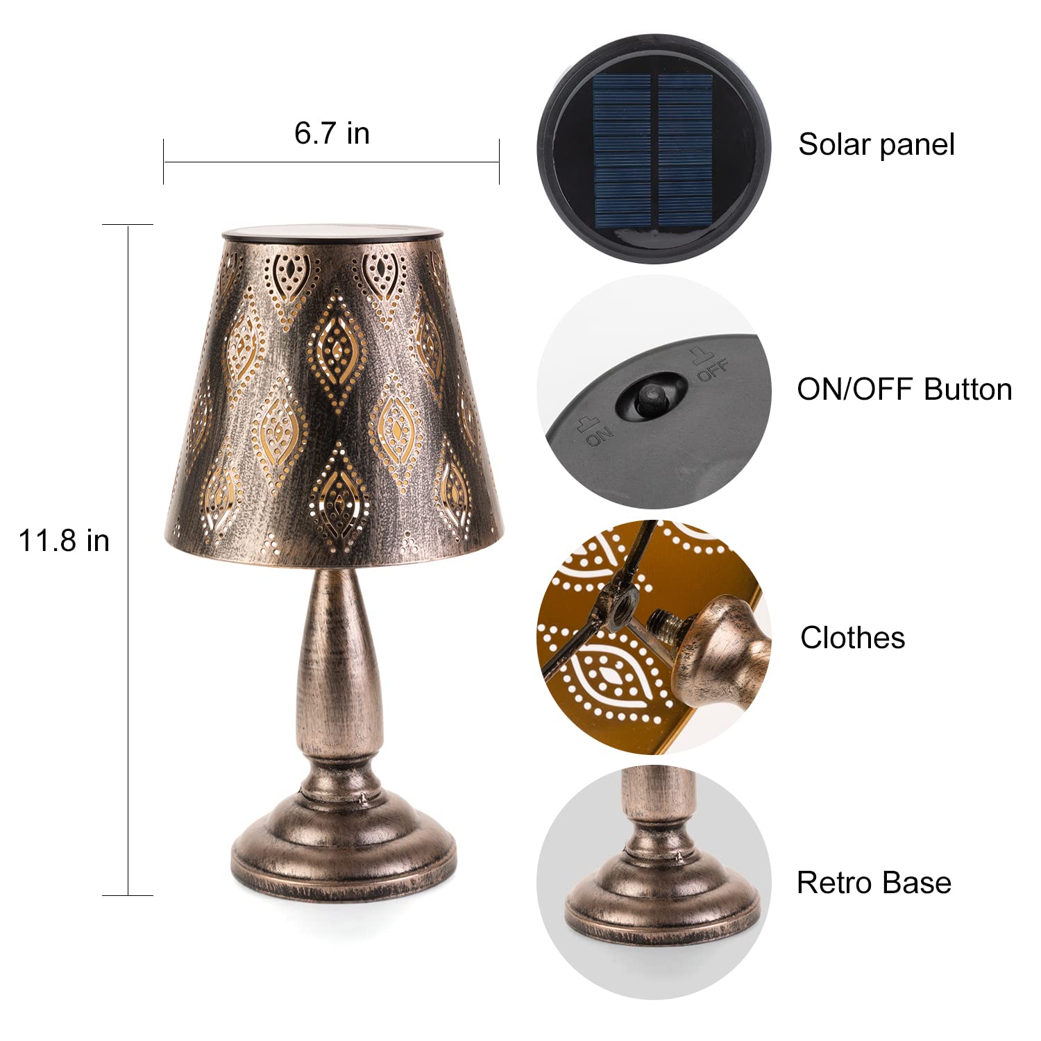 VZVXCC Solar Table Lamp Outdoor Waterproof-Large Rust Copper Metal Decorative Solar Garden Lights with Hollowed-Out Design,Cordless Solar Desk Lamp for Patio Garden Pathway Yard Decorations