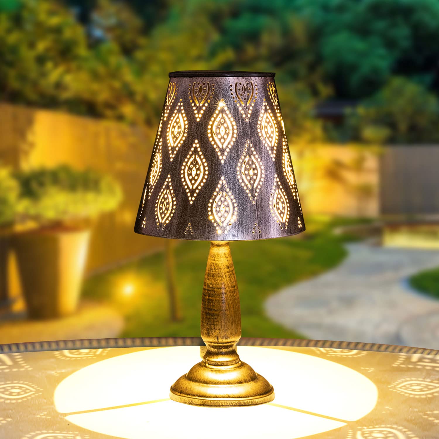 VZVXCC Solar Table Lamp Outdoor Waterproof-Large Rust Copper Metal Decorative Solar Garden Lights with Hollowed-Out Design,Cordless Solar Desk Lamp for Patio Garden Pathway Yard Decorations