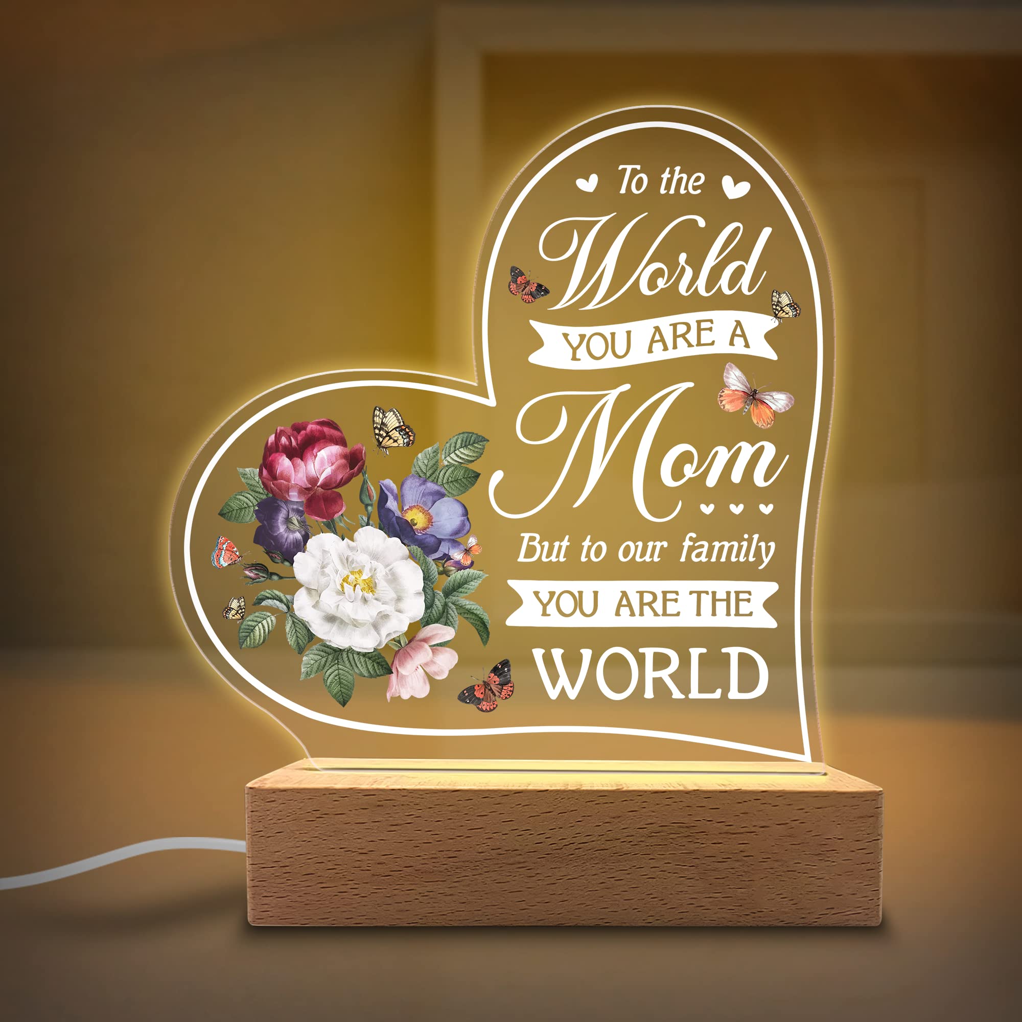 KITCHENVOY Acrylic Night Light Gift for Mother - to Our Family You are The World - Acrylic Light Gift for Mom from Son, Daughter on Mothers Day - Birthday Gifts to Mom