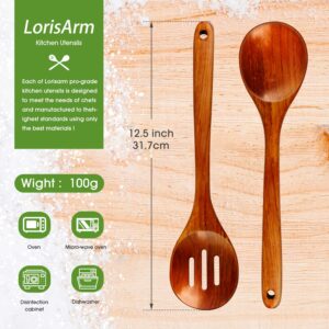 LorisArm 2PC Slotted Cooking Spoon Set, 12" Solid Wood Serving Spoons for Mixing Stirring, Nonstick Kitchen Utensils.