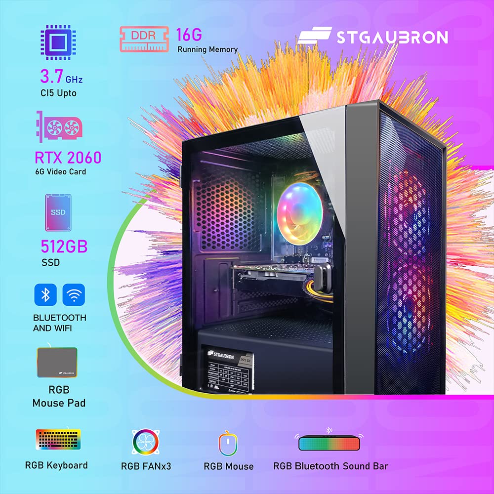 STGAubron Gaming Desktop PC,Intel Core I5 3.3Ghz up to 3.7Ghz,GeForce RTX 2060 6G GDDR6,16G RAM,512G SSD,WiFi,BT 5.0,RGB Fan x 3,RGB Keybaord & Mouse,RGB Mouse Pad,RGB Bluetooth Sound Bar,W10H64