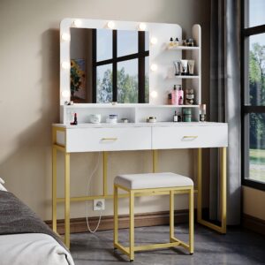 Wildhome Vanity Set with Lighted Mirror,Vanity Desk with 2 Drawers,Makeup Vanity Dressing Table with 9 Lights for Women, Dresser Desk Vanity Set for Bedroom,with Cushioned Stool,Gold (White)