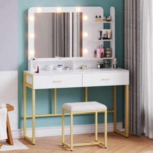 Wildhome Vanity Set with Lighted Mirror,Vanity Desk with 2 Drawers,Makeup Vanity Dressing Table with 9 Lights for Women, Dresser Desk Vanity Set for Bedroom,with Cushioned Stool,Gold (White)