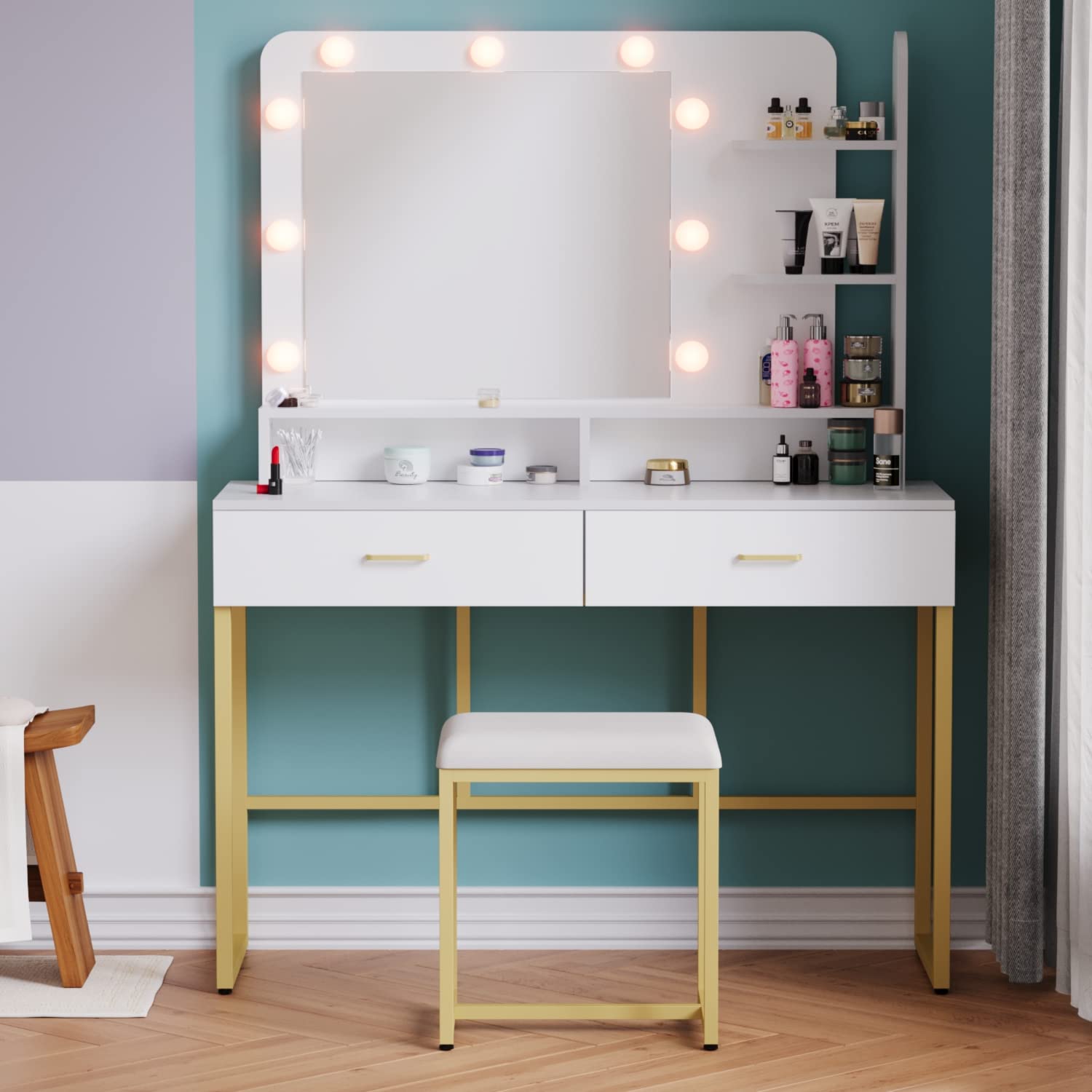 Wildhome Vanity Set with Lighted Mirror,Vanity Desk with 2 Drawers,Makeup Vanity Dressing Table with 9 Lights for Women, Dresser Desk Vanity Set for Bedroom,with Cushioned Stool,Gold (White)