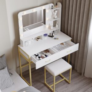 Wildhome Vanity Set with Lighted Mirror,Vanity Desk with 2 Drawers,Makeup Vanity Dressing Table with 9 Lights for Women, Dresser Desk Vanity Set for Bedroom,with Cushioned Stool,Gold (White)