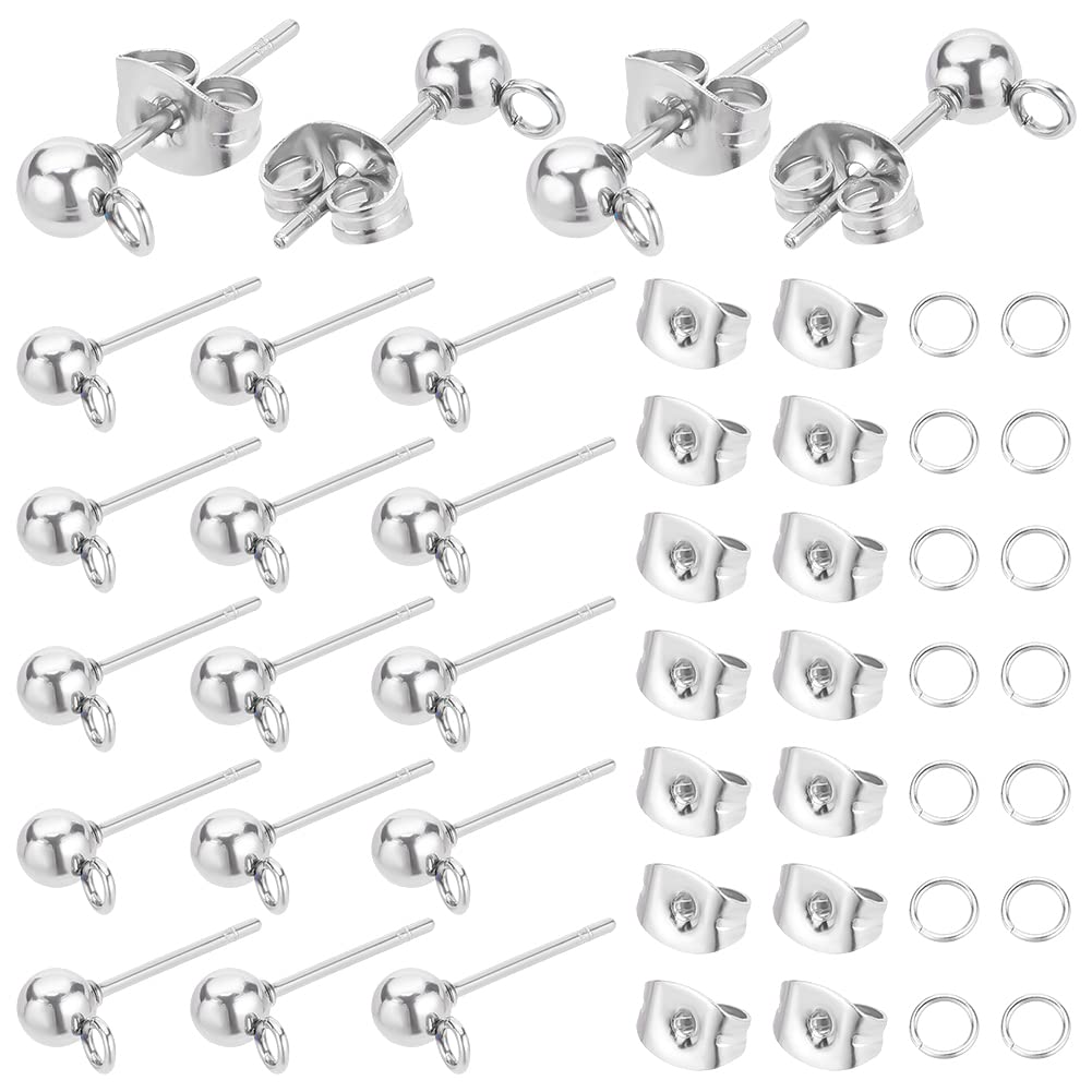 PH PandaHall 300pcs Ball Post Earring Studs, 304 Stainless Steel Ball Stud Earring Findings with Butterfly Earring Backs and Open Jump Rings for DIY Jewelry Earring Making