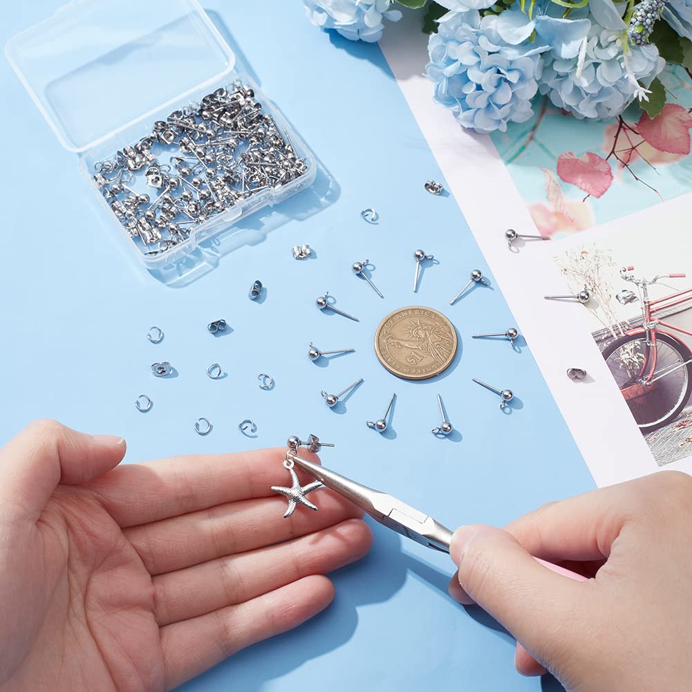 PH PandaHall 300pcs Ball Post Earring Studs, 304 Stainless Steel Ball Stud Earring Findings with Butterfly Earring Backs and Open Jump Rings for DIY Jewelry Earring Making