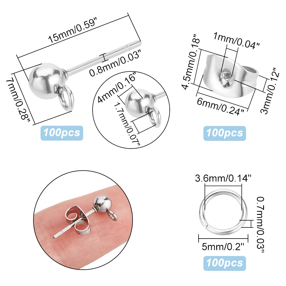 PH PandaHall 300pcs Ball Post Earring Studs, 304 Stainless Steel Ball Stud Earring Findings with Butterfly Earring Backs and Open Jump Rings for DIY Jewelry Earring Making