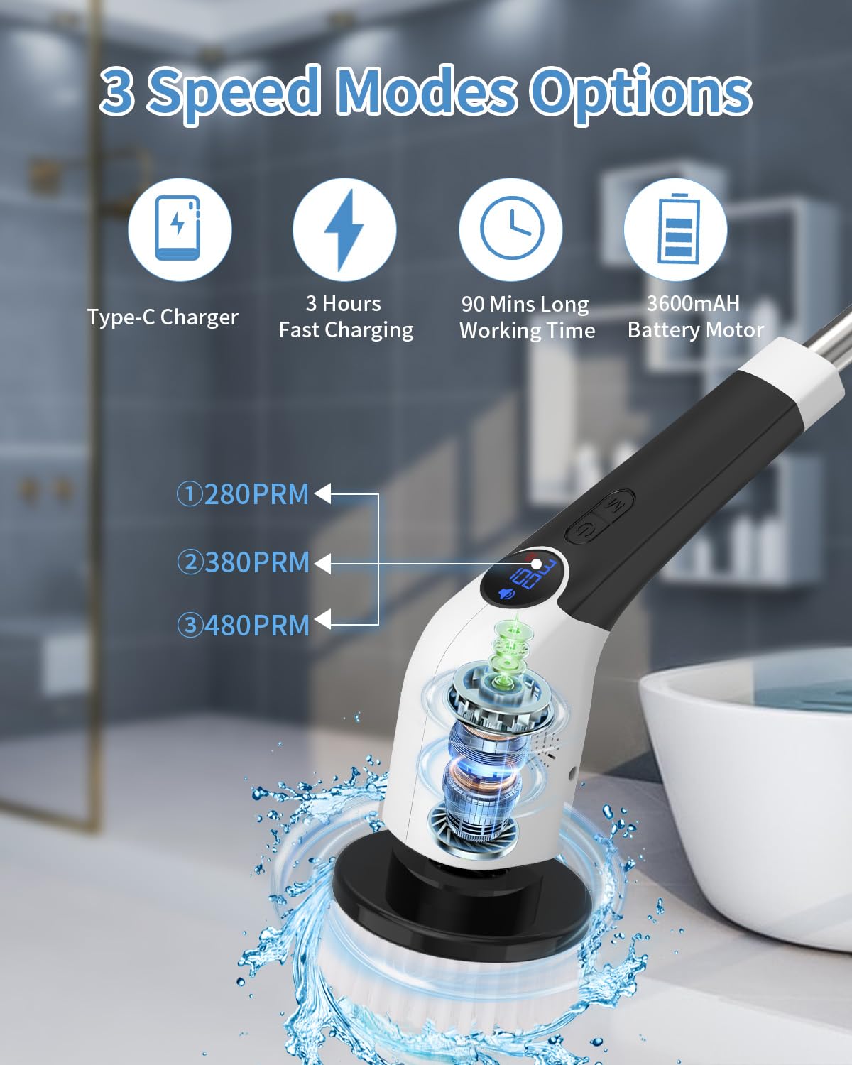 Electric Spin Scrubber, Cordless Shower Cleaning Brush with 8 Replaceable Brush Heads, 3 Adjustable Speeds, Detachable & Extendable Long Handle Scrubber for Bathroom Floor Tile, Voice Broadcast