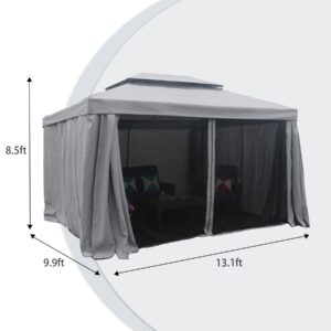 COZYVIDA10' x 13' Patio Gazebo, Aluminum Frame Double Roof Outdoor Gazebo Canopy Shelter with Netting & Curtains, for Garden, Lawn, Backyard and Deck, gray