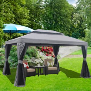 COZYVIDA10' x 13' Patio Gazebo, Aluminum Frame Double Roof Outdoor Gazebo Canopy Shelter with Netting & Curtains, for Garden, Lawn, Backyard and Deck, gray