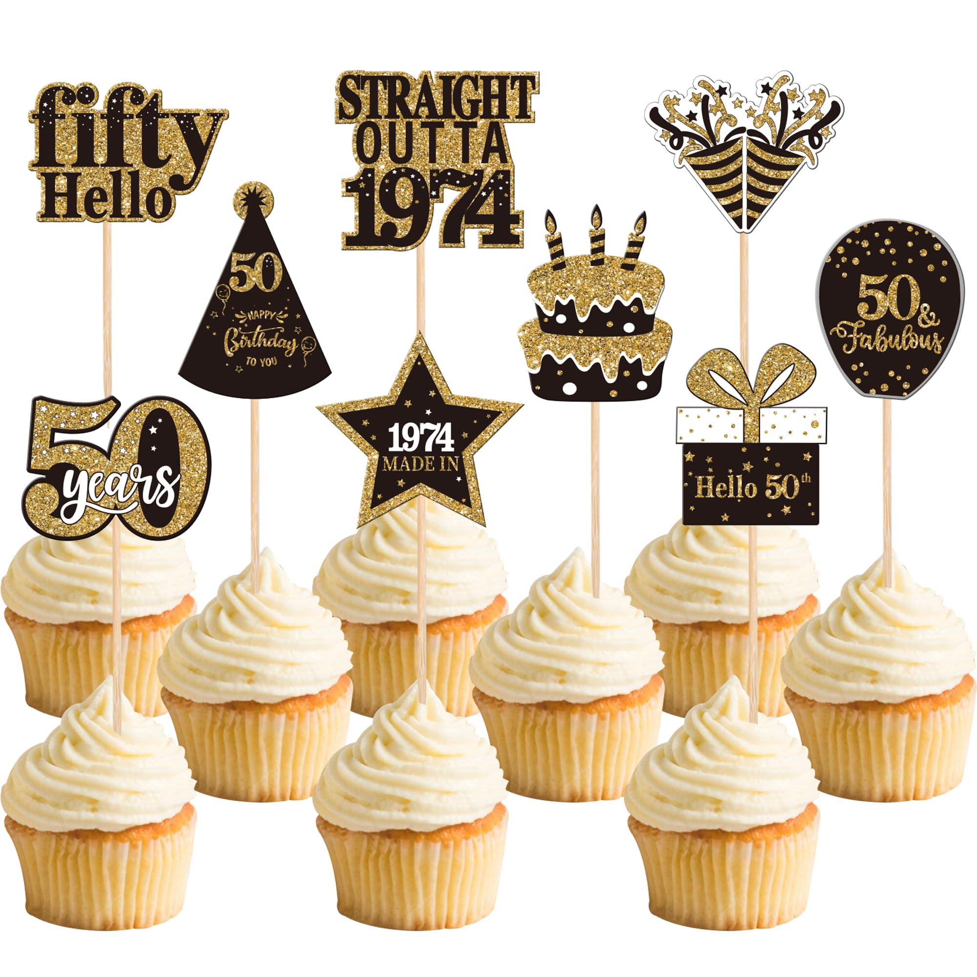 36PCS Happy 50th Birthday Cupcake Toppers Double Sided Black Gold Fifty Hello 50 Straight Outta 1974 Cupcake Picks 50 Fabulous Cheers to 50 Years Cake Decorations for 50th Birthday Party Supplies