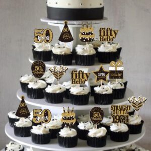 36PCS Happy 50th Birthday Cupcake Toppers Double Sided Black Gold Fifty Hello 50 Straight Outta 1974 Cupcake Picks 50 Fabulous Cheers to 50 Years Cake Decorations for 50th Birthday Party Supplies