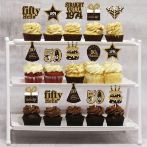 36PCS Happy 50th Birthday Cupcake Toppers Double Sided Black Gold Fifty Hello 50 Straight Outta 1974 Cupcake Picks 50 Fabulous Cheers to 50 Years Cake Decorations for 50th Birthday Party Supplies