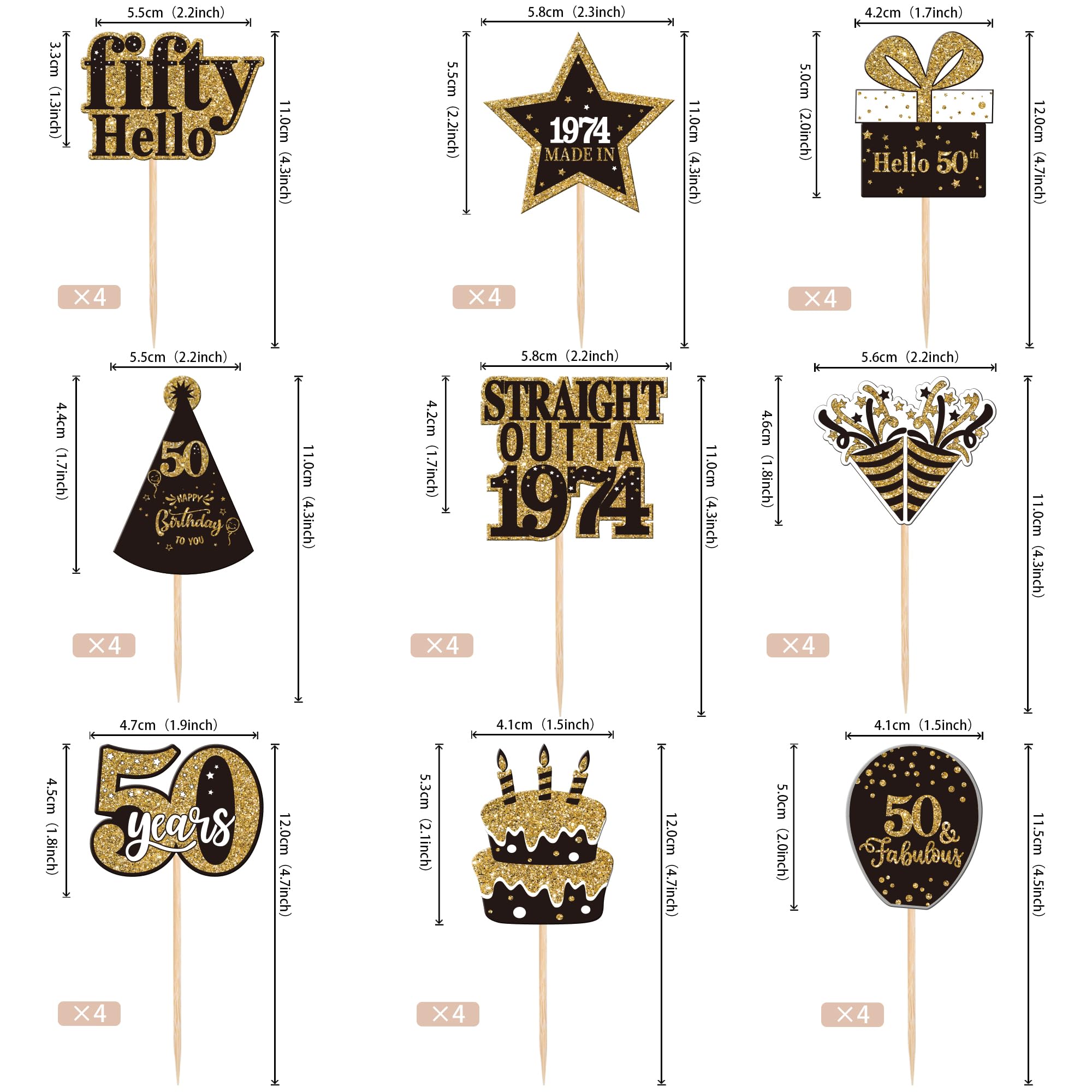 36PCS Happy 50th Birthday Cupcake Toppers Double Sided Black Gold Fifty Hello 50 Straight Outta 1974 Cupcake Picks 50 Fabulous Cheers to 50 Years Cake Decorations for 50th Birthday Party Supplies